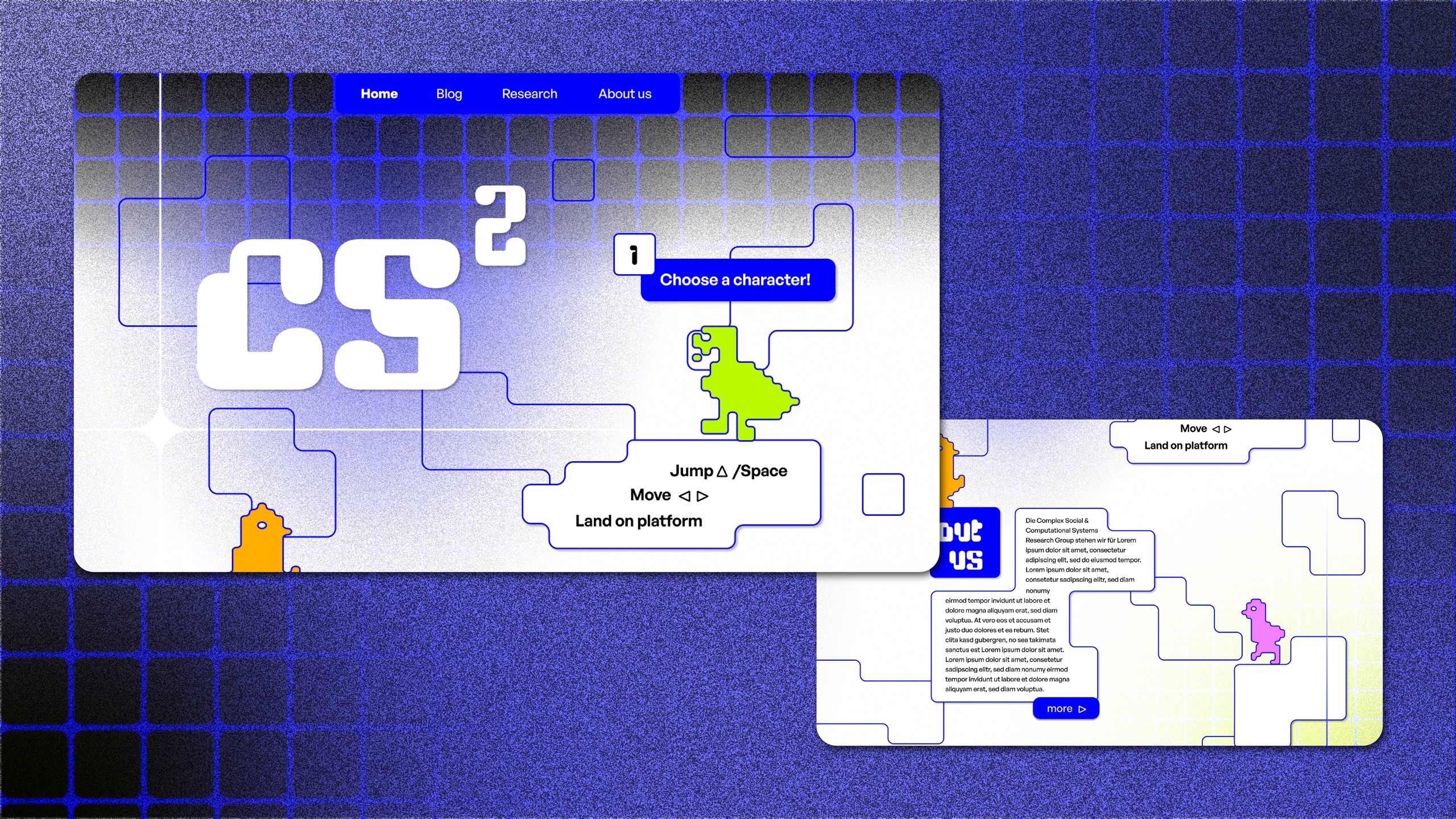 Design concept 1: a playful website with pixel characters on a grid of rounded squares